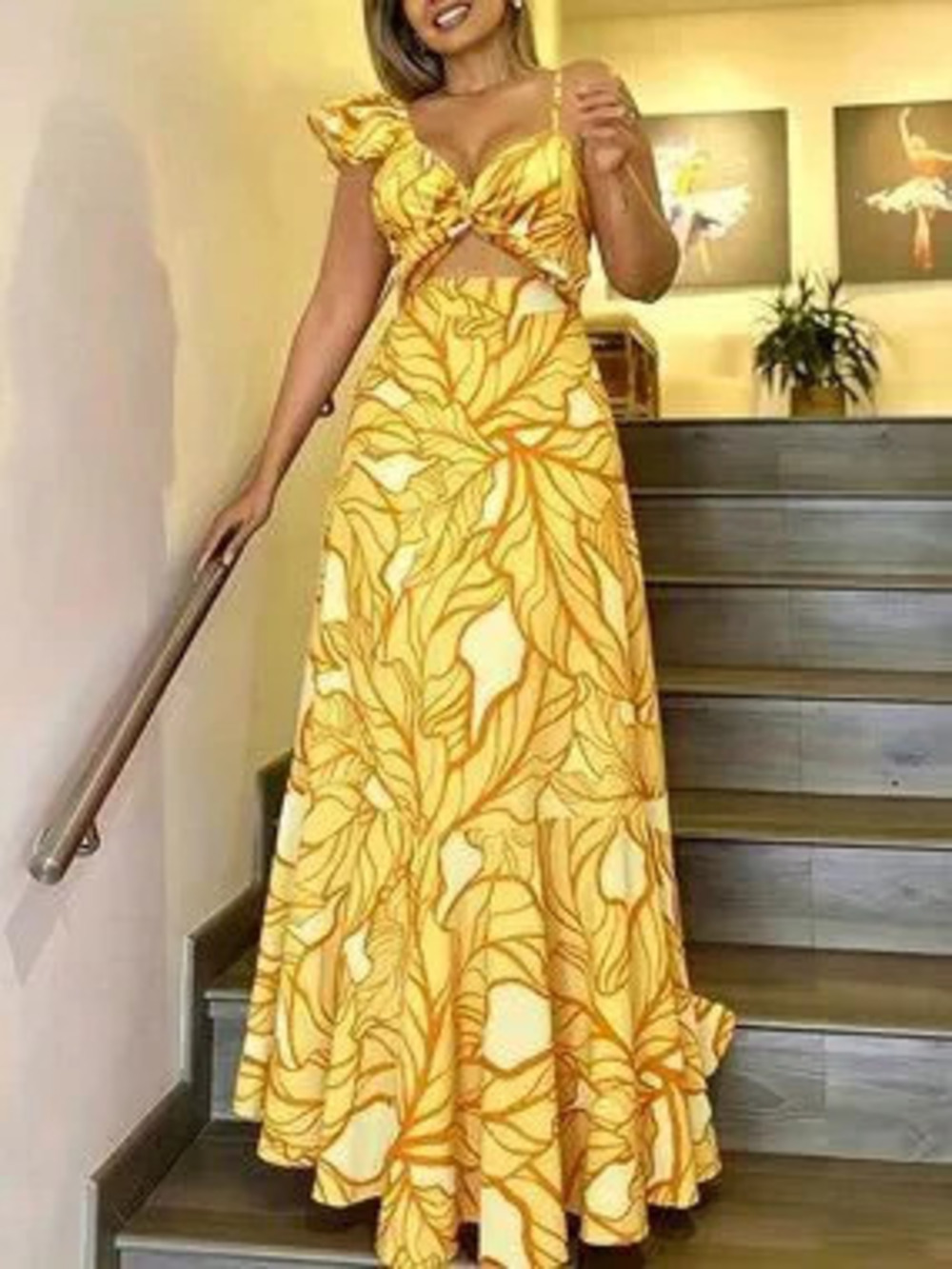 ZARA yellow Boho Women's Elegant High-Waist Printed Spaghetti Strap Dress